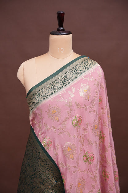 Banarasi Munga Silk Saree - Baby Pink & Bottle Green
