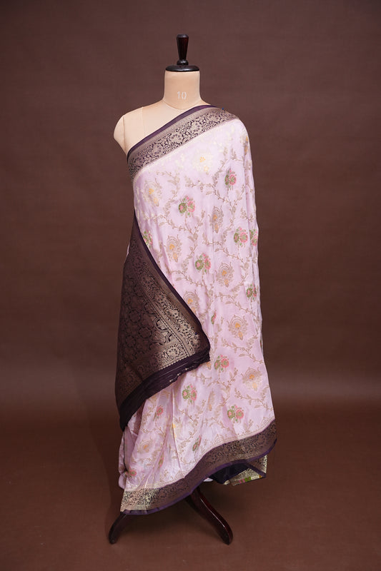 Banarasi Munga Silk Saree - Baby Pink & Deep Purple