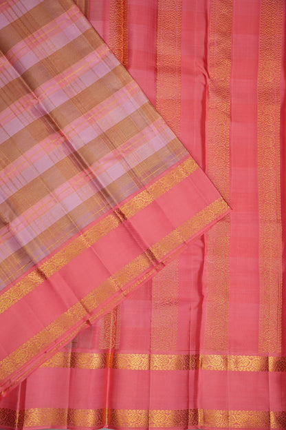 Peach Pink Checked Pure Kanchipuram Silk Saree | Silk Mark Certified
