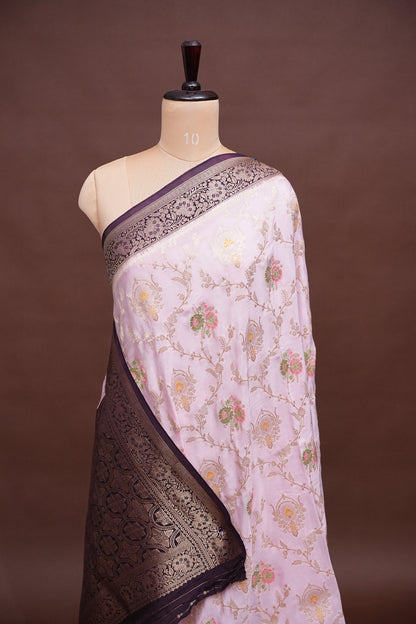 Banarasi Munga Silk Saree - Baby Pink & Deep Purple
