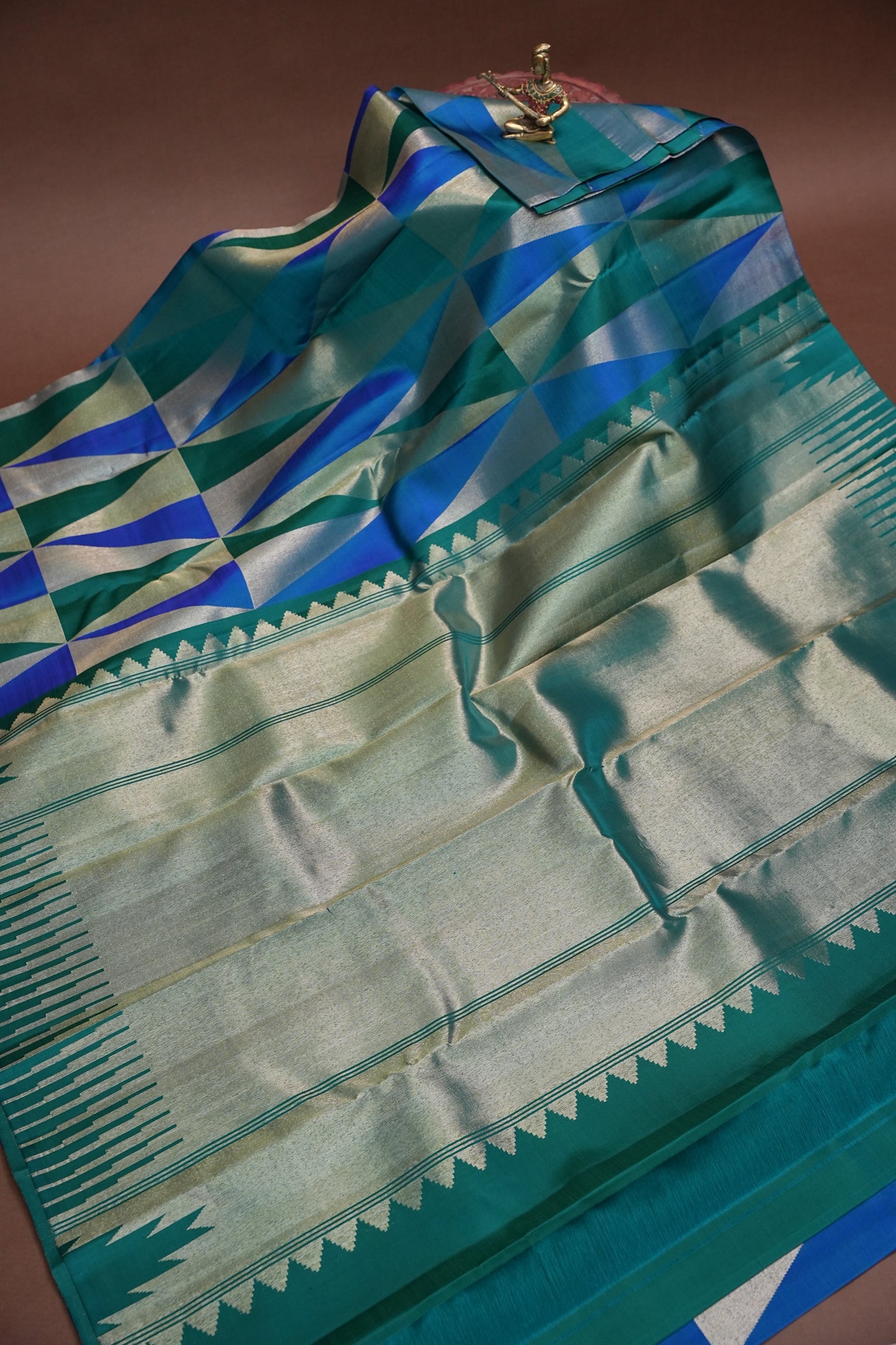 Teal Green & Royal Blue Geometric Pure Kanchipuram Silk Saree | Silk Mark Certified