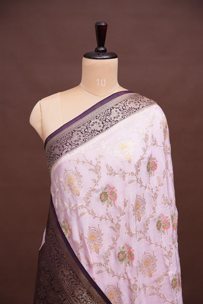 Banarasi Munga Silk Saree - Baby Pink & Deep Purple