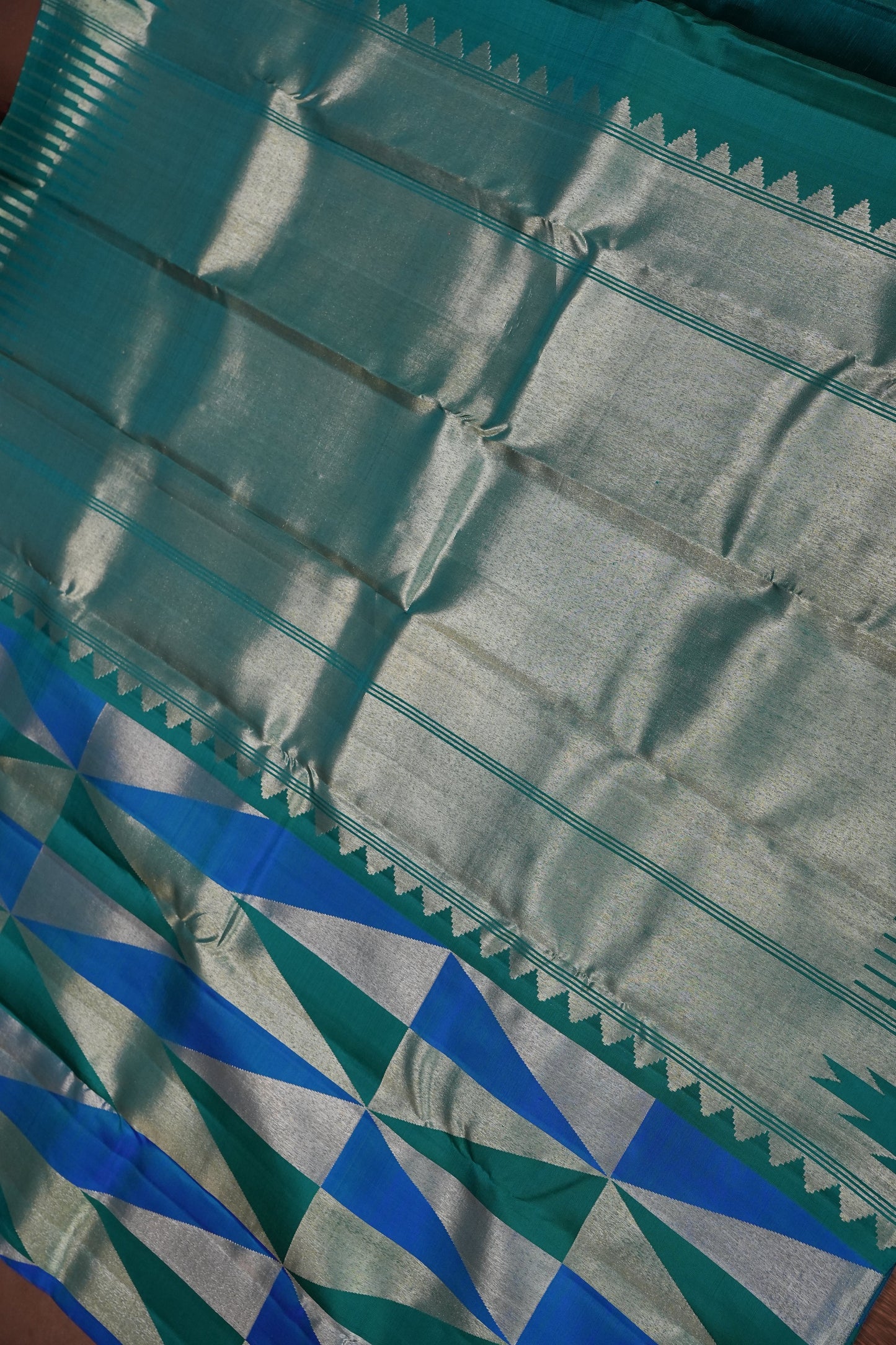 Teal Green & Royal Blue Geometric Pure Kanchipuram Silk Saree | Silk Mark Certified