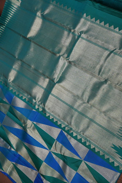 Teal Green & Royal Blue Geometric Pure Kanchipuram Silk Saree | Silk Mark Certified