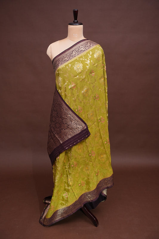 Banarasi Munga Silk Saree - Pistachio Green & Coffee