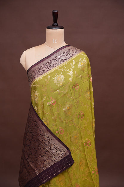 Banarasi Munga Silk Saree - Pistachio Green & Coffee