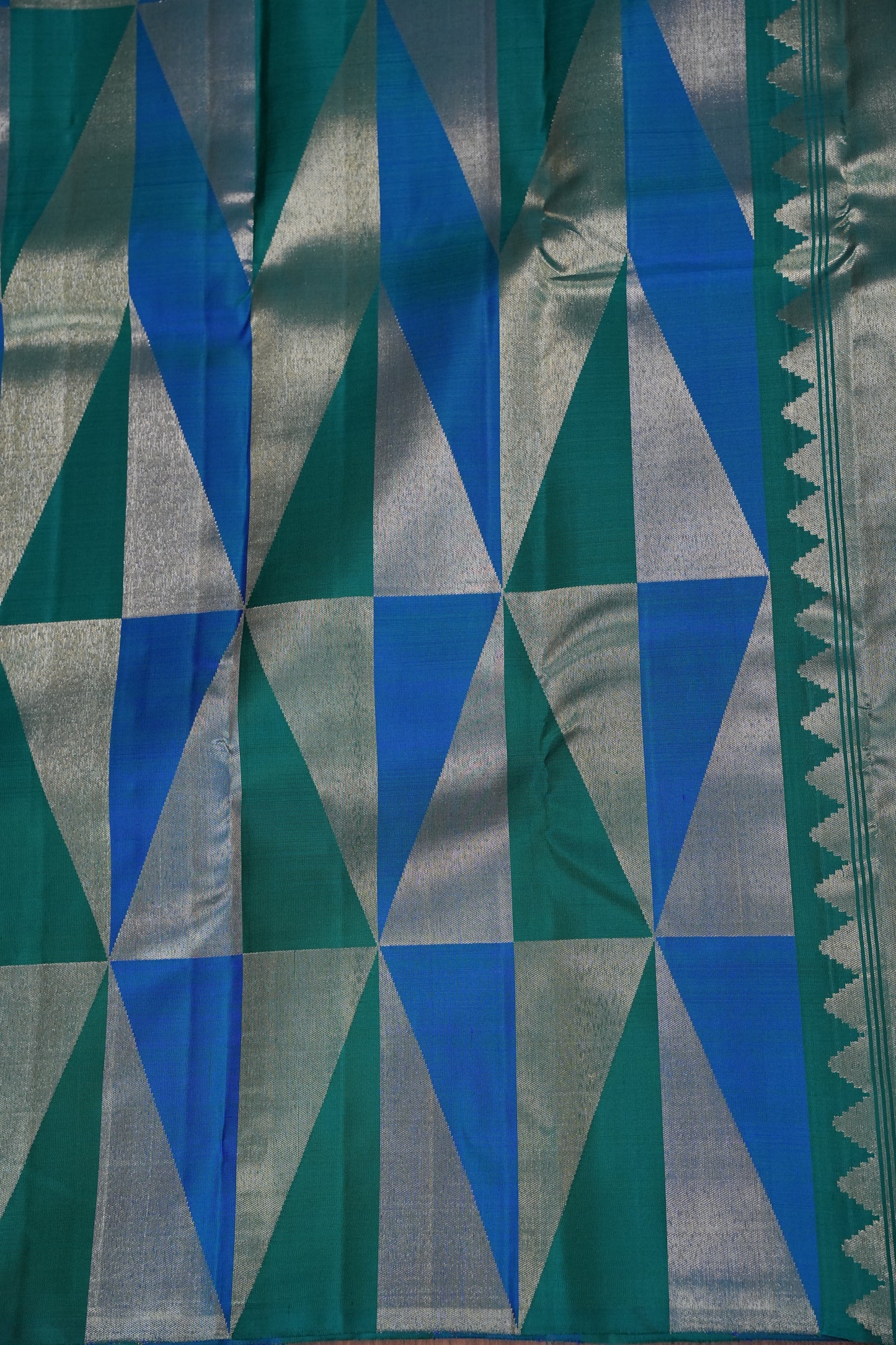 Teal Green & Royal Blue Geometric Pure Kanchipuram Silk Saree | Silk Mark Certified