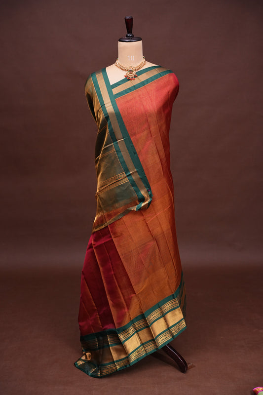 Tissue Mangalgiri Kuppadam Pattu Saree - Rust Orange and Green