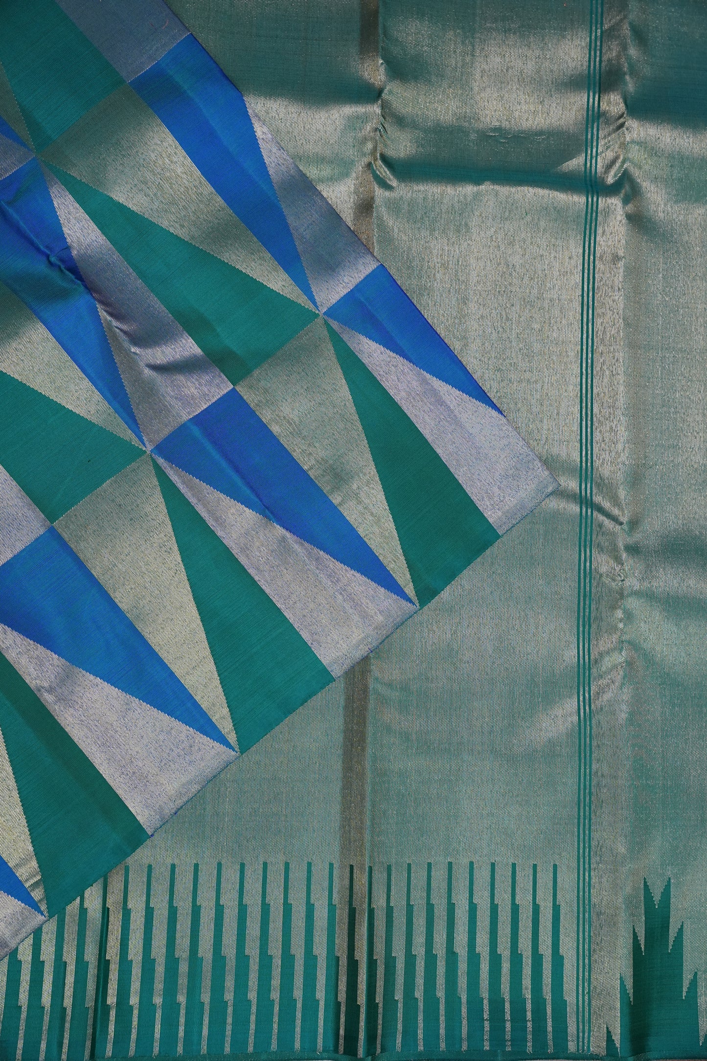 Teal Green & Royal Blue Geometric Pure Kanchipuram Silk Saree | Silk Mark Certified