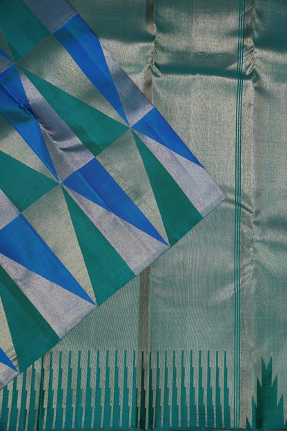 Teal Green & Royal Blue Geometric Pure Kanchipuram Silk Saree | Silk Mark Certified