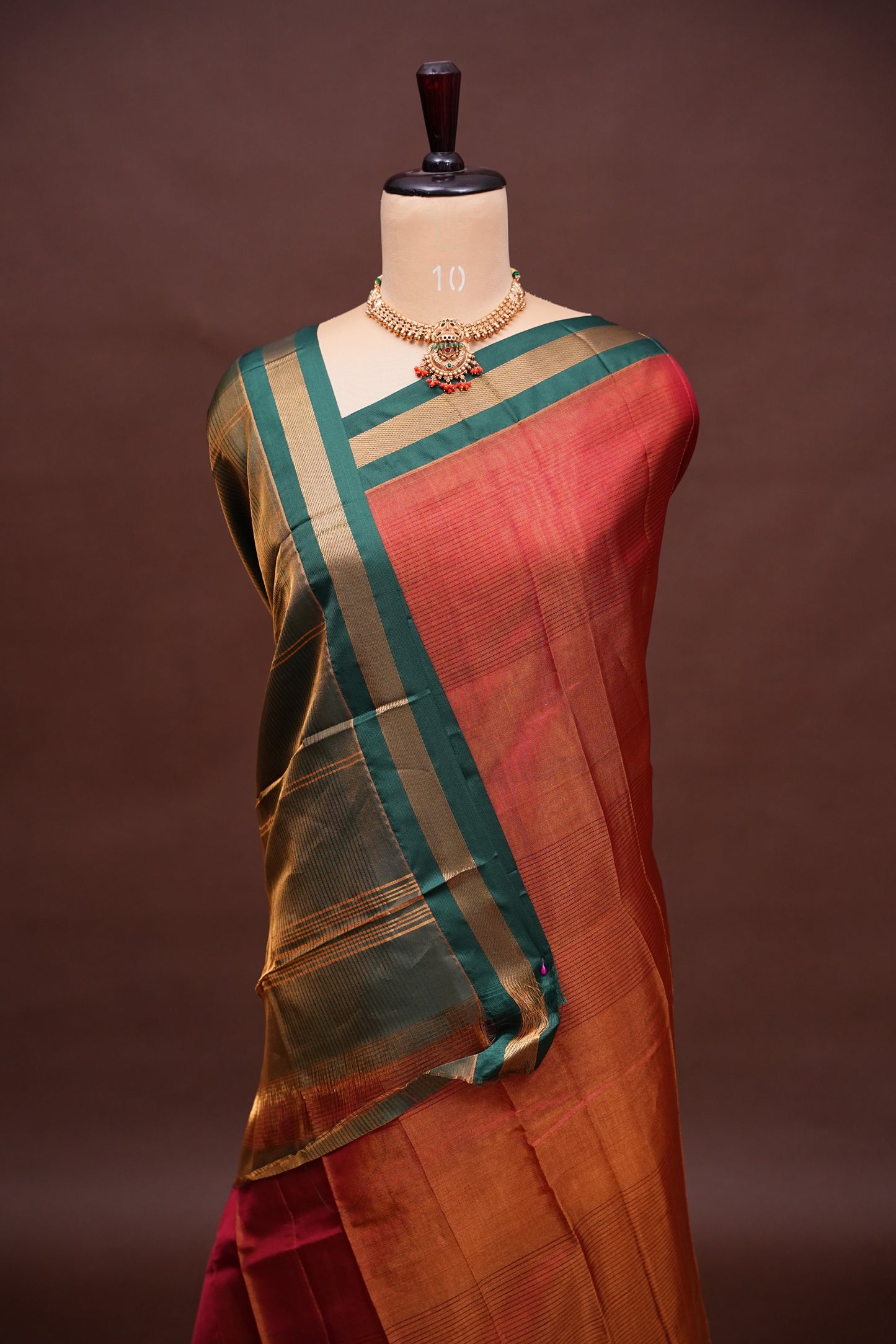 Tissue Mangalgiri Kuppadam Pattu Saree - Rust Orange and Green