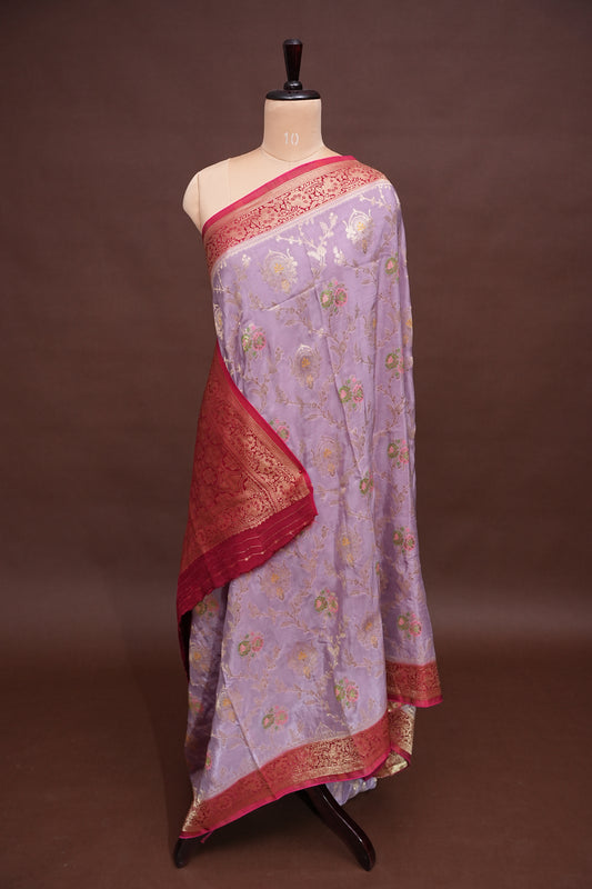 Banarasi Munga Silk Saree - Ice Lilac Lavender & Maroon