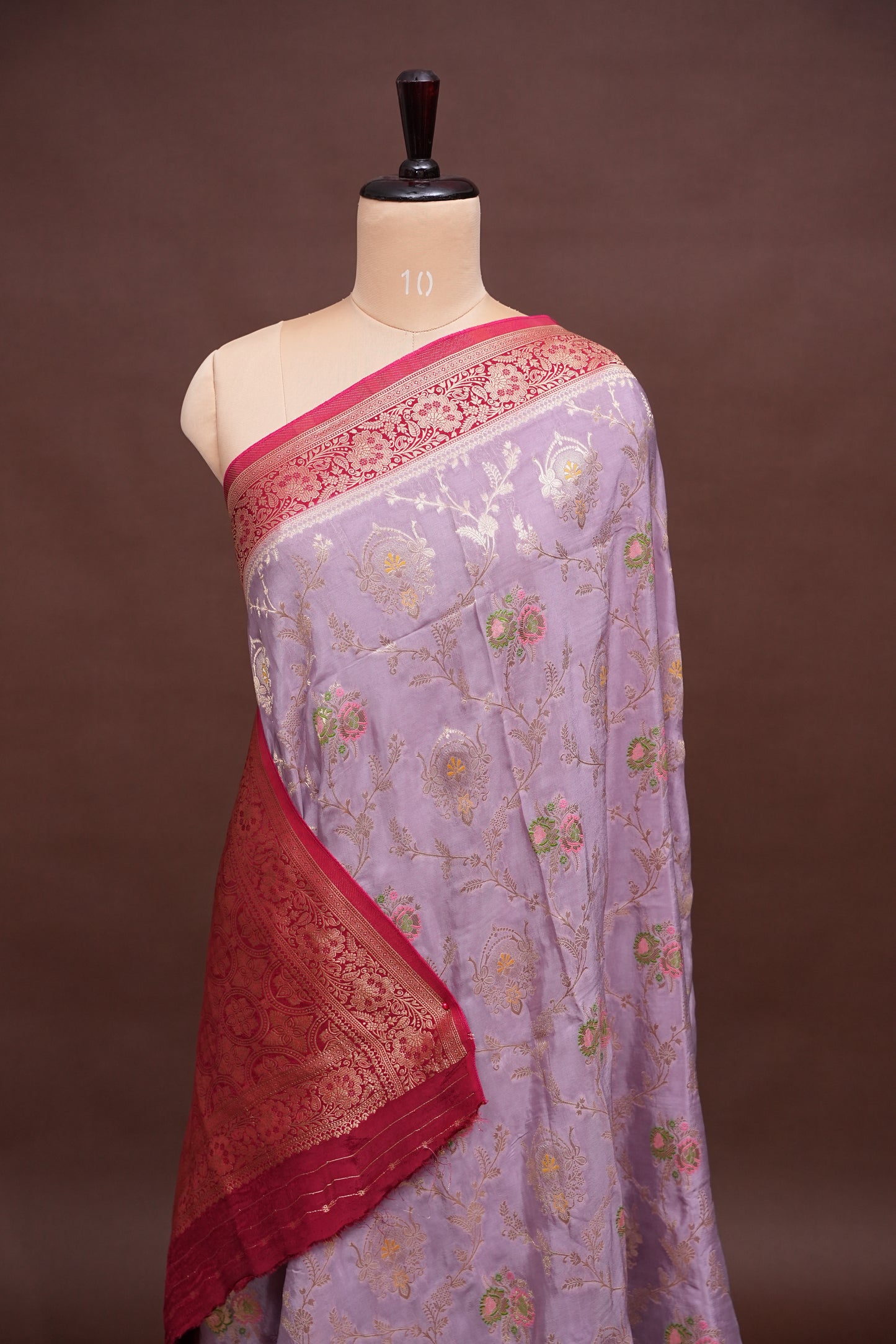 Banarasi Munga Silk Saree - Ice Lilac Lavender & Maroon