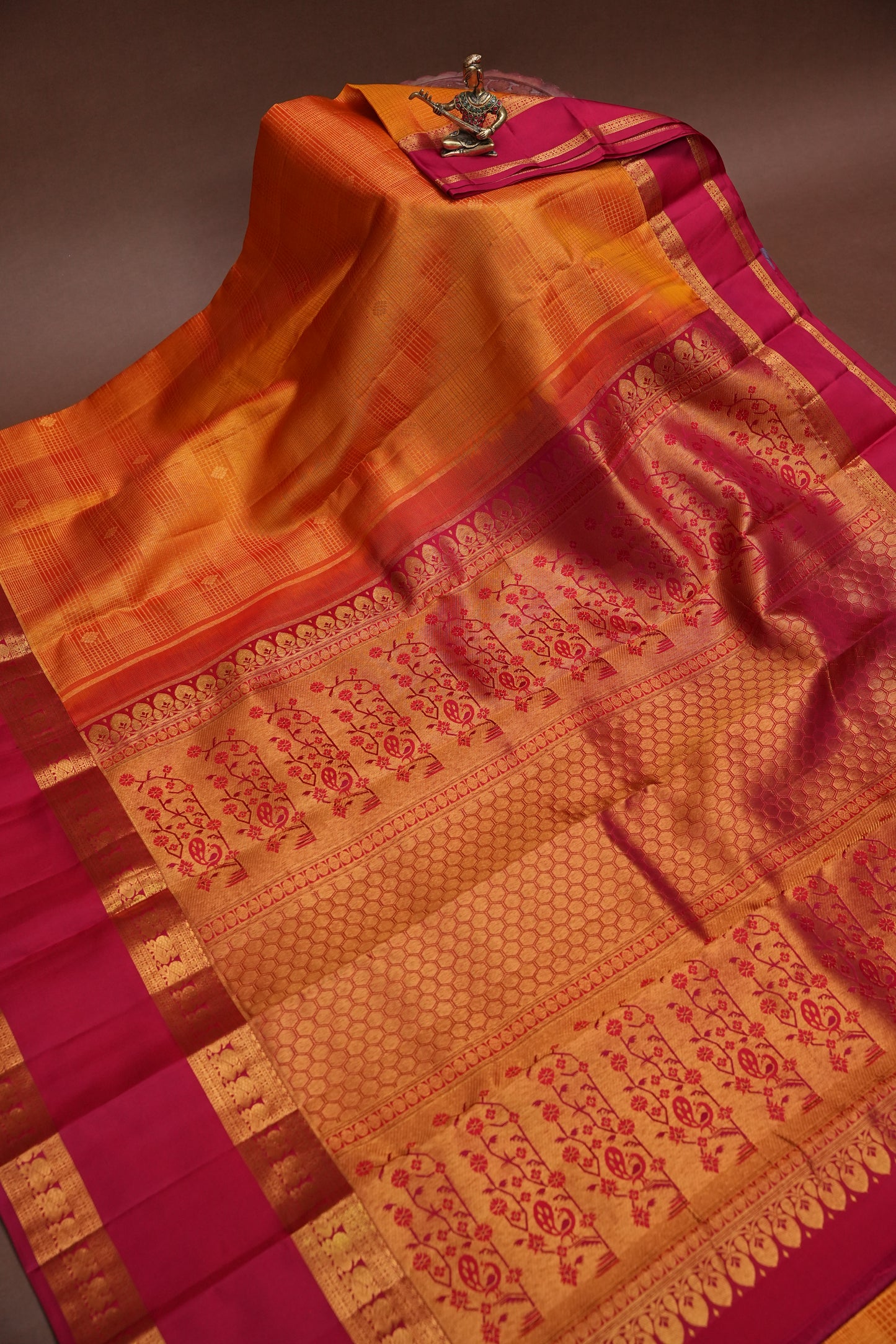 Mustard Gold & Deep Red Pure Kanchipuram Silk Saree | Silk Mark Certified