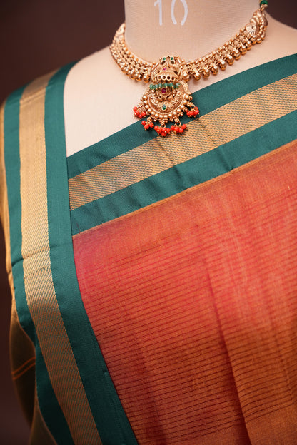 Tissue Mangalgiri Kuppadam Pattu Saree - Rust Orange and Green