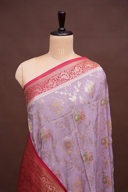 Banarasi Munga Silk Saree - Ice Lilac Lavender & Maroon