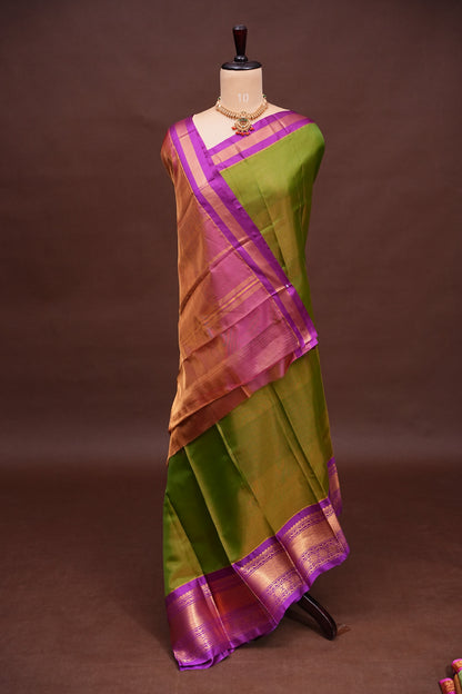Tissue Mangalgiri Kuppadam Pattu Saree - Parrot Green and Pink