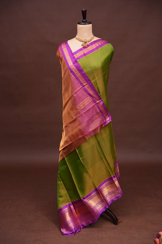 Tissue Mangalgiri Kuppadam Pattu Saree - Parrot Green and Pink