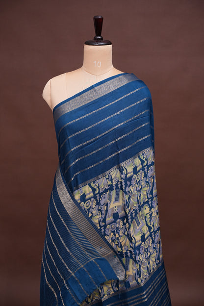 Crepe Silk Saree with Digital Kalamkari Print - Blue