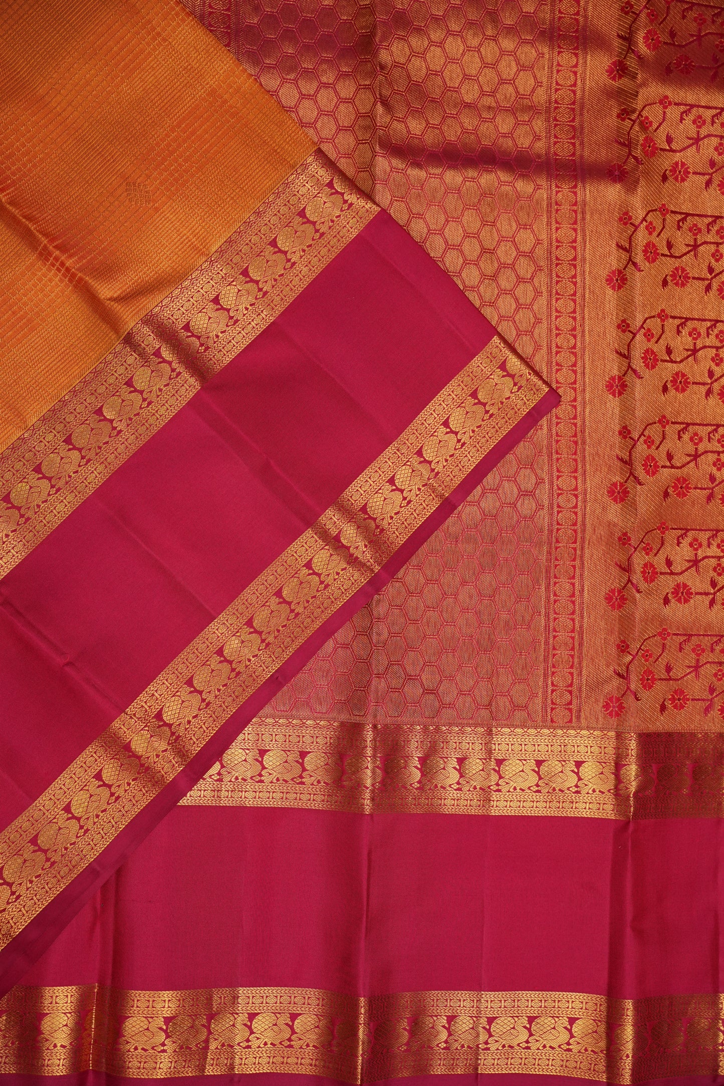 Mustard Gold & Deep Red Pure Kanchipuram Silk Saree | Silk Mark Certified