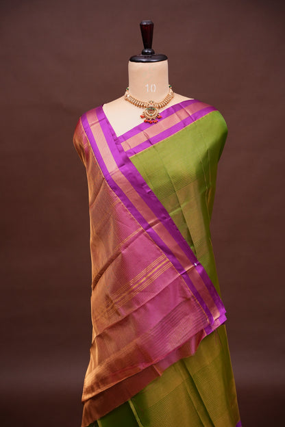 Tissue Mangalgiri Kuppadam Pattu Saree - Parrot Green and Pink