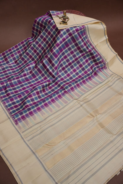 Purple Checks & Off-White Pure Kanchipuram Silk Saree | Silk Mark Certified