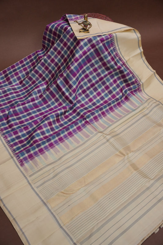 Purple Checks & Off-White Pure Kanchipuram Silk Saree | Silk Mark Certified
