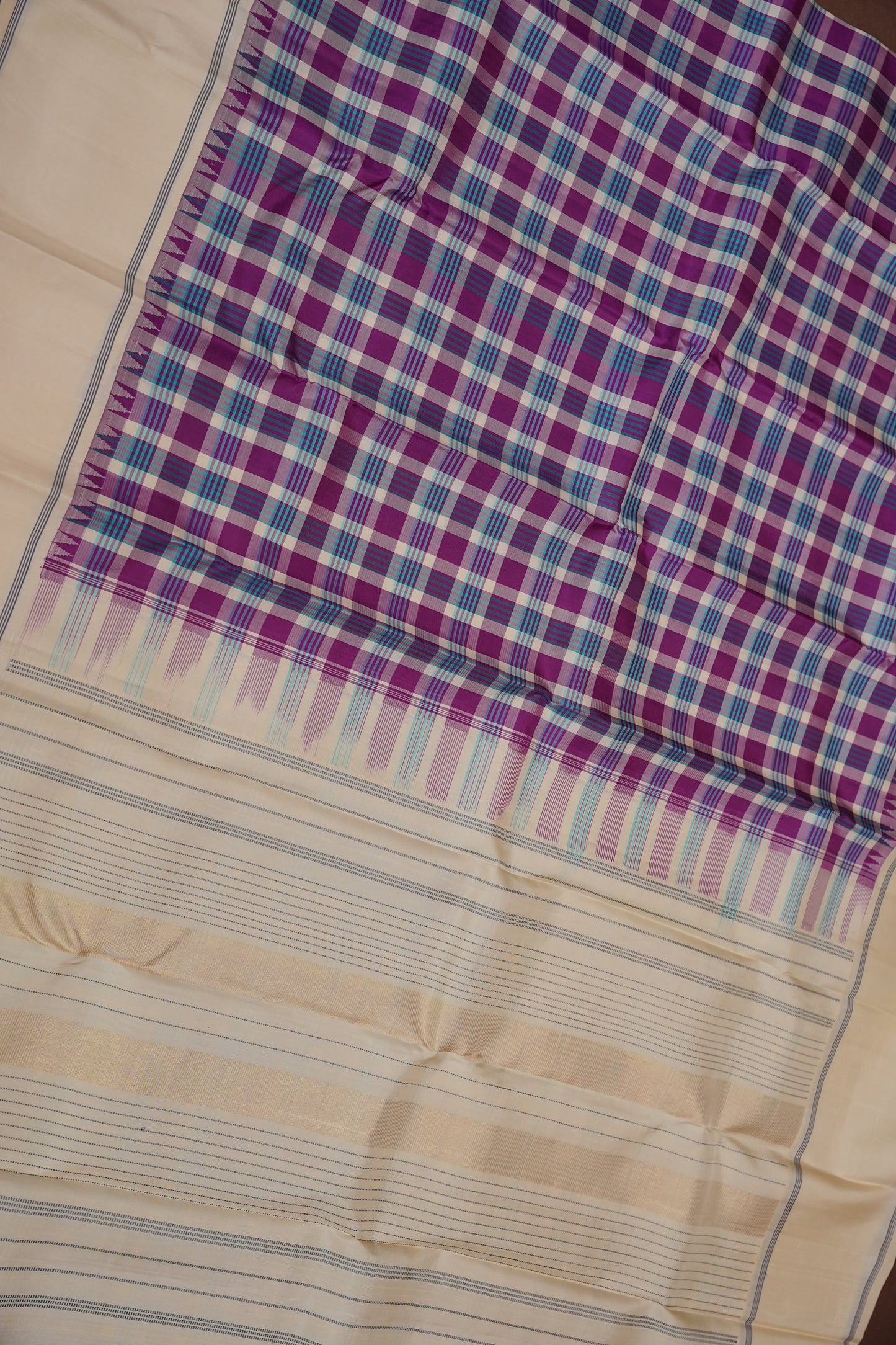 Purple Checks & Off-White Pure Kanchipuram Silk Saree | Silk Mark Certified