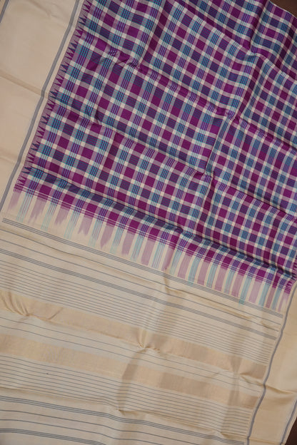 Purple Checks & Off-White Pure Kanchipuram Silk Saree | Silk Mark Certified