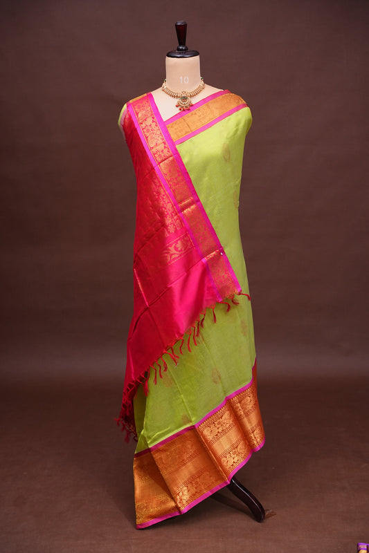 Mangalgiri Kuppadam Pattu Saree - Parrot Green & Pink
