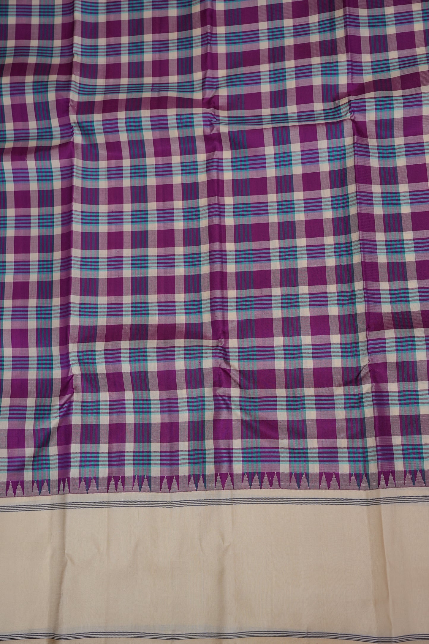 Purple Checks & Off-White Pure Kanchipuram Silk Saree | Silk Mark Certified