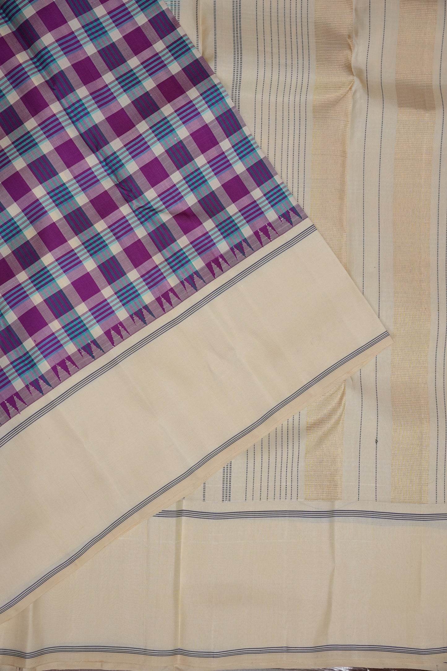 Purple Checks & Off-White Pure Kanchipuram Silk Saree | Silk Mark Certified