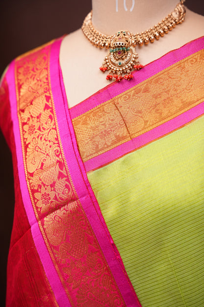 Mangalgiri Kuppadam Pattu Saree - Parrot Green & Pink