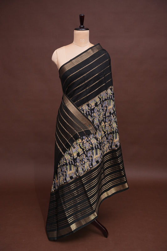Crepe Silk Saree with Digital Kalamkari Print - Black