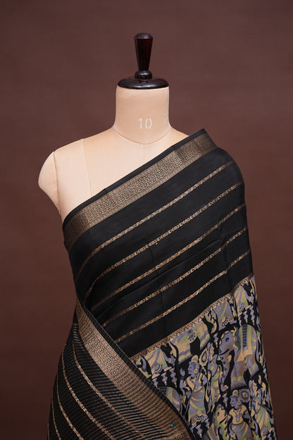 Crepe Silk Saree with Digital Kalamkari Print - Black