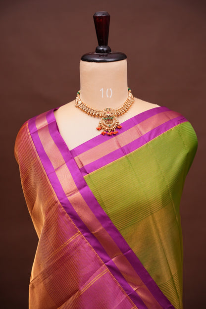 Tissue Mangalgiri Kuppadam Pattu Saree - Parrot Green and Pink