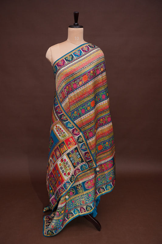 Kashmiri Pashmina Story Telling Saree -Multicolor on Teal Blue