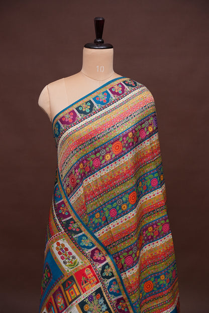 Kashmiri Pashmina Story Telling Saree -Multicolor on Teal Blue