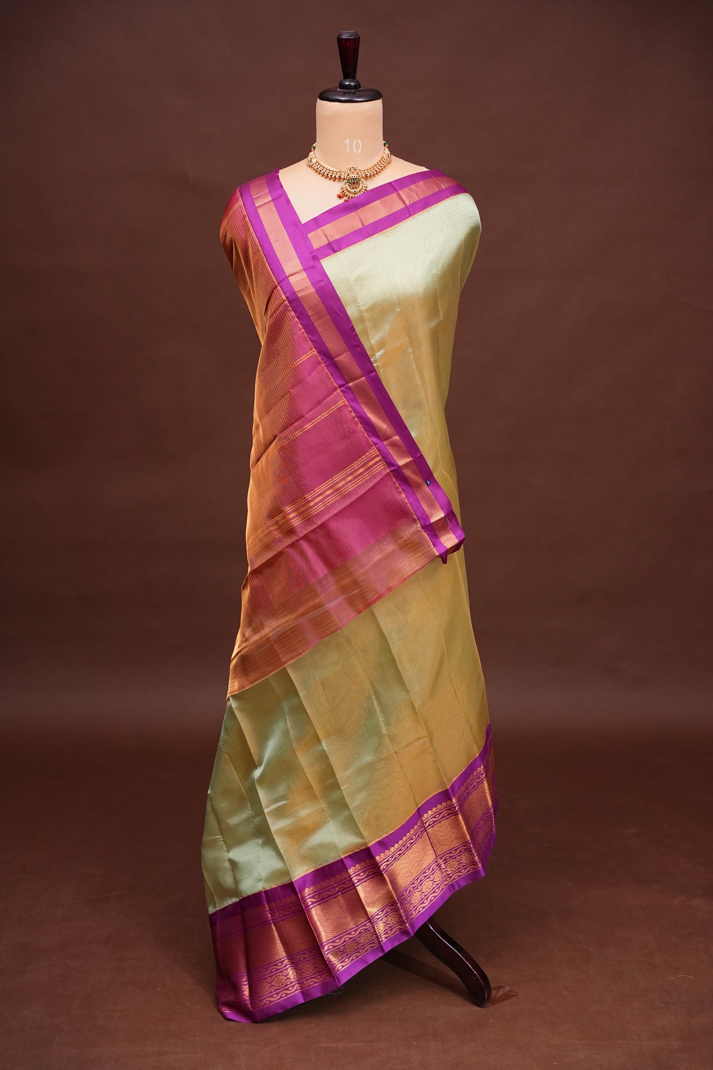 Tissue Mangalgiri Kuppadam Pattu Saree - Champagne Gold and Pink
