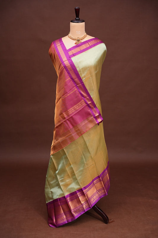 Tissue Mangalgiri Kuppadam Pattu Saree - Champagne Gold and Pink