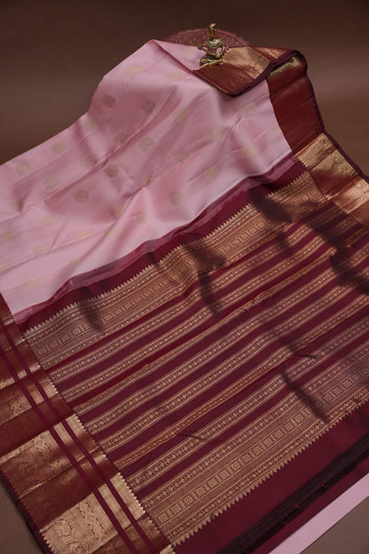 Baby Pink & Wine Pure Kanchipuram Silk Saree | Silk Mark Certified