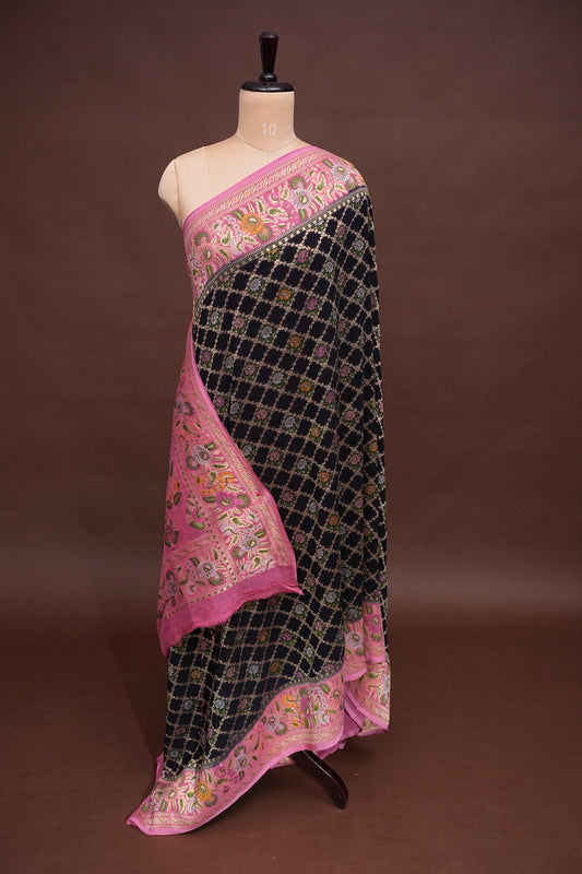 Banarasi Georgette Silk Saree - Black & Pink