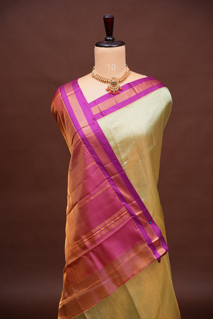 Tissue Mangalgiri Kuppadam Pattu Saree - Champagne Gold and Pink