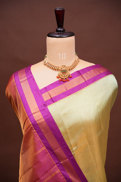 Tissue Mangalgiri Kuppadam Pattu Saree - Champagne Gold and Pink