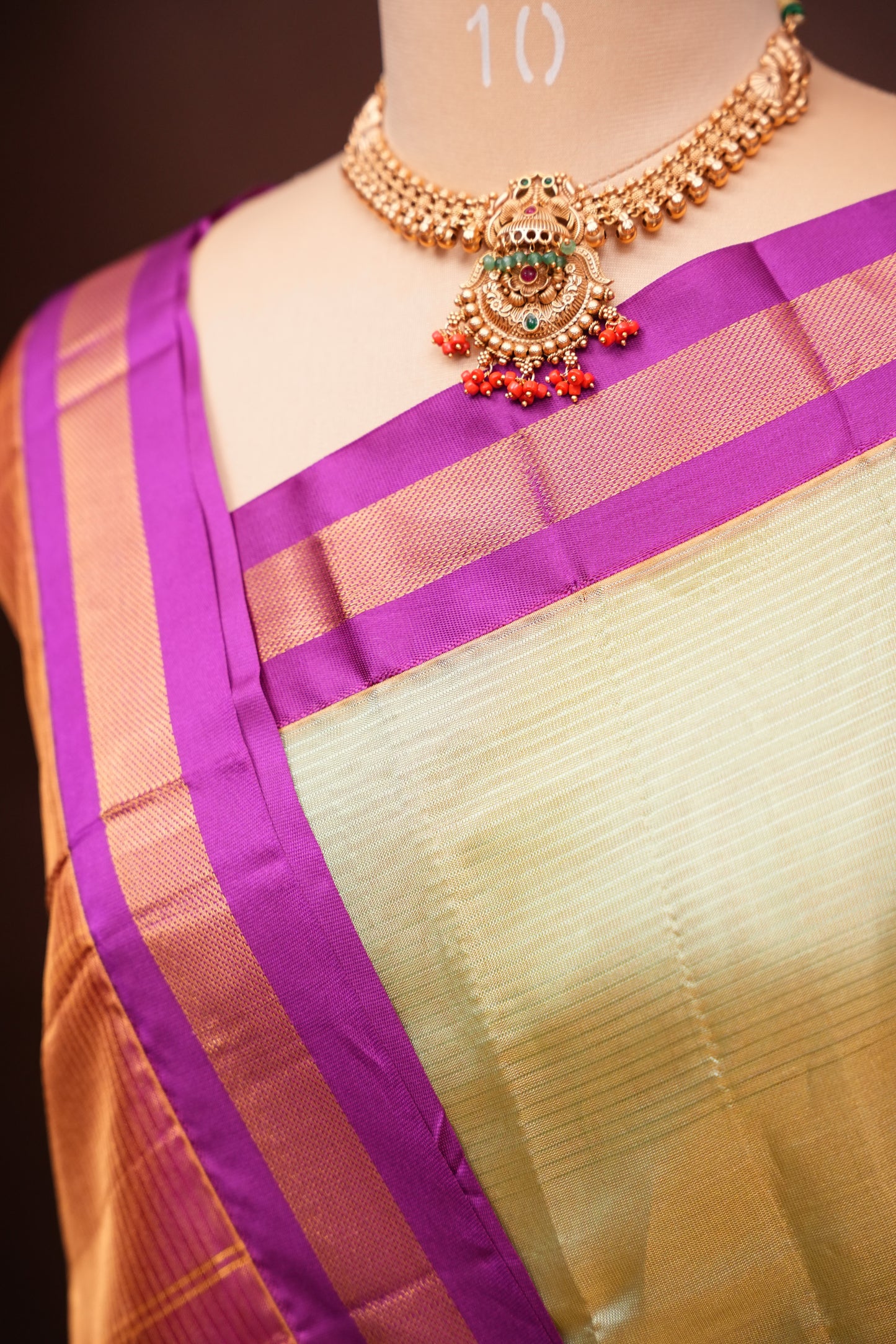 Tissue Mangalgiri Kuppadam Pattu Saree - Champagne Gold and Pink