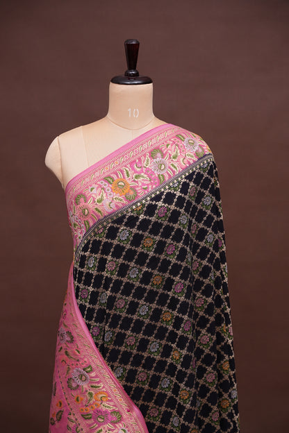 Banarasi Georgette Silk Saree - Black & Pink