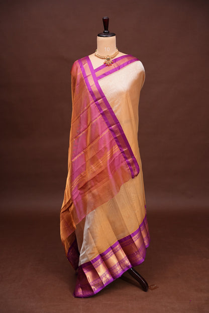 Tissue Mangalgiri Kuppadam Pattu Saree - Ivory & Pink
