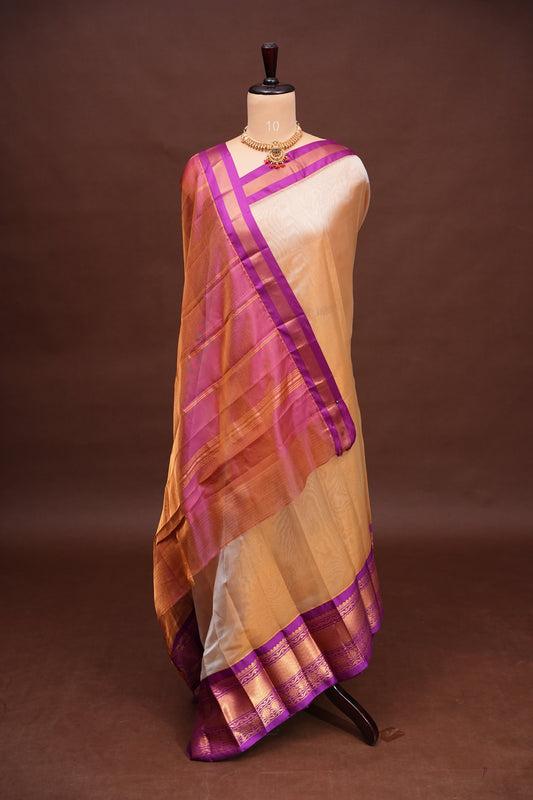 Tissue Mangalgiri Kuppadam Pattu Saree - Ivory & Pink