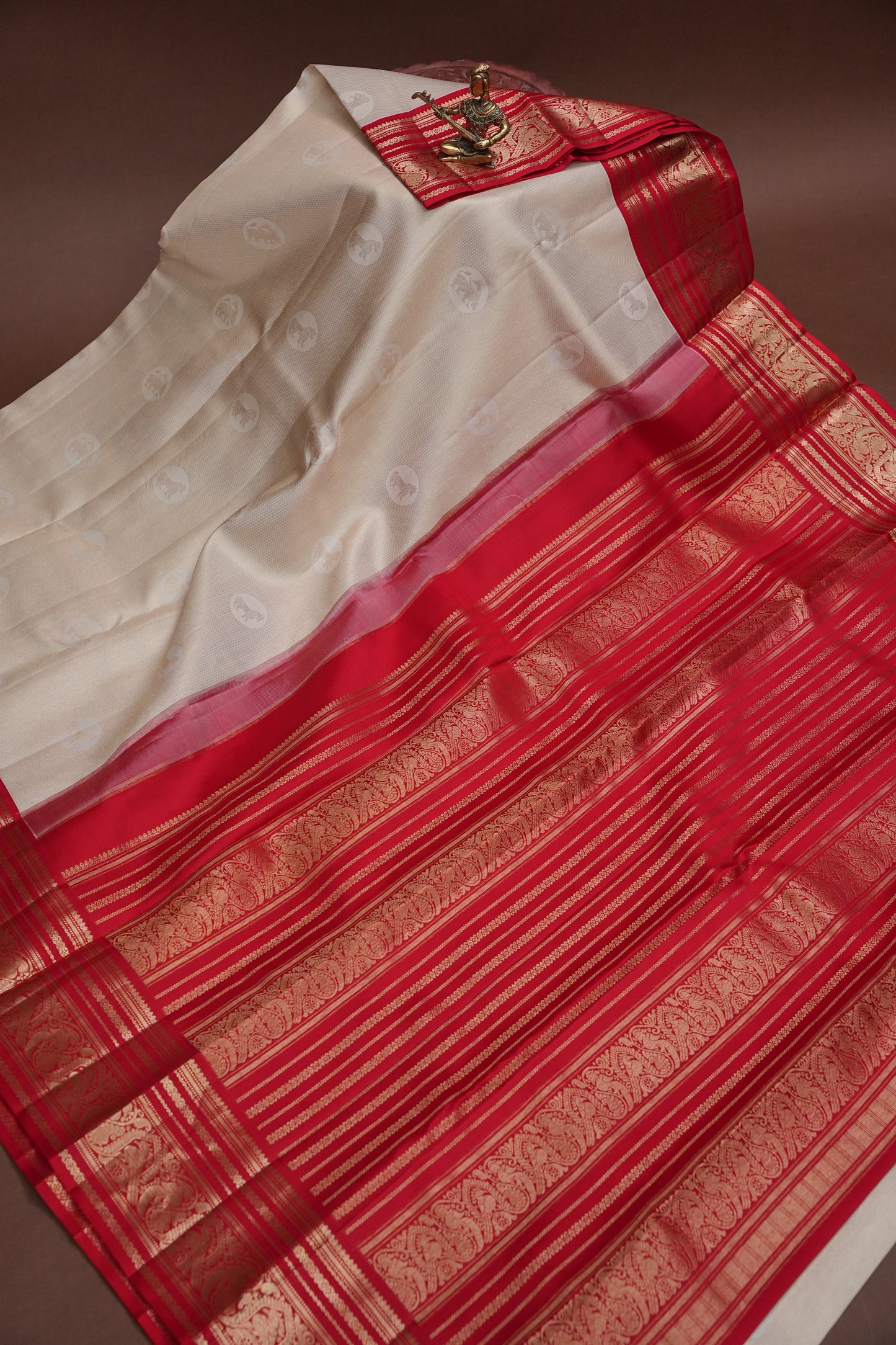 Ivory White & Deep Red Pure Kanchipuram Silk Saree | Silk Mark Certified