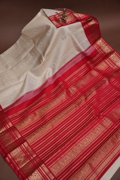 Ivory White & Deep Red Pure Kanchipuram Silk Saree | Silk Mark Certified